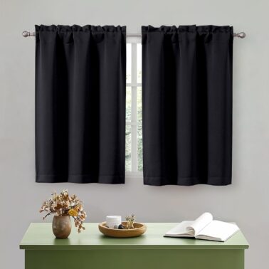 OWENIE Black Kitchen Curtains 36 Inch Length, Short Blackout Small Thermal Insulated Cafe Curtains Tier Over Sink Rod Pocket Half Window for Bathroom Bedroom Camper RV Bunk, 2 Panels, Each 30" Wx36 L