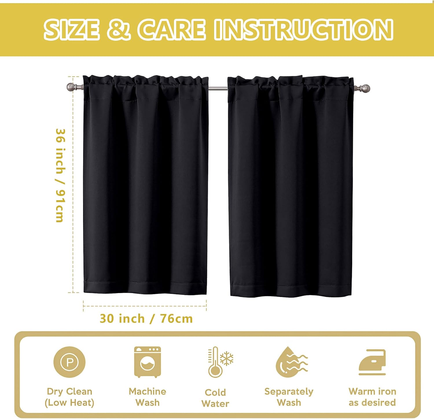 OWENIE Black Kitchen Curtains 36 Inch Length, Short Blackout Small Thermal Insulated Cafe Curtains Tier Over Sink Rod Pocket Half Window for Bathroom Bedroom Camper RV Bunk, 2 Panels, Each 30" Wx36 L - Image 5