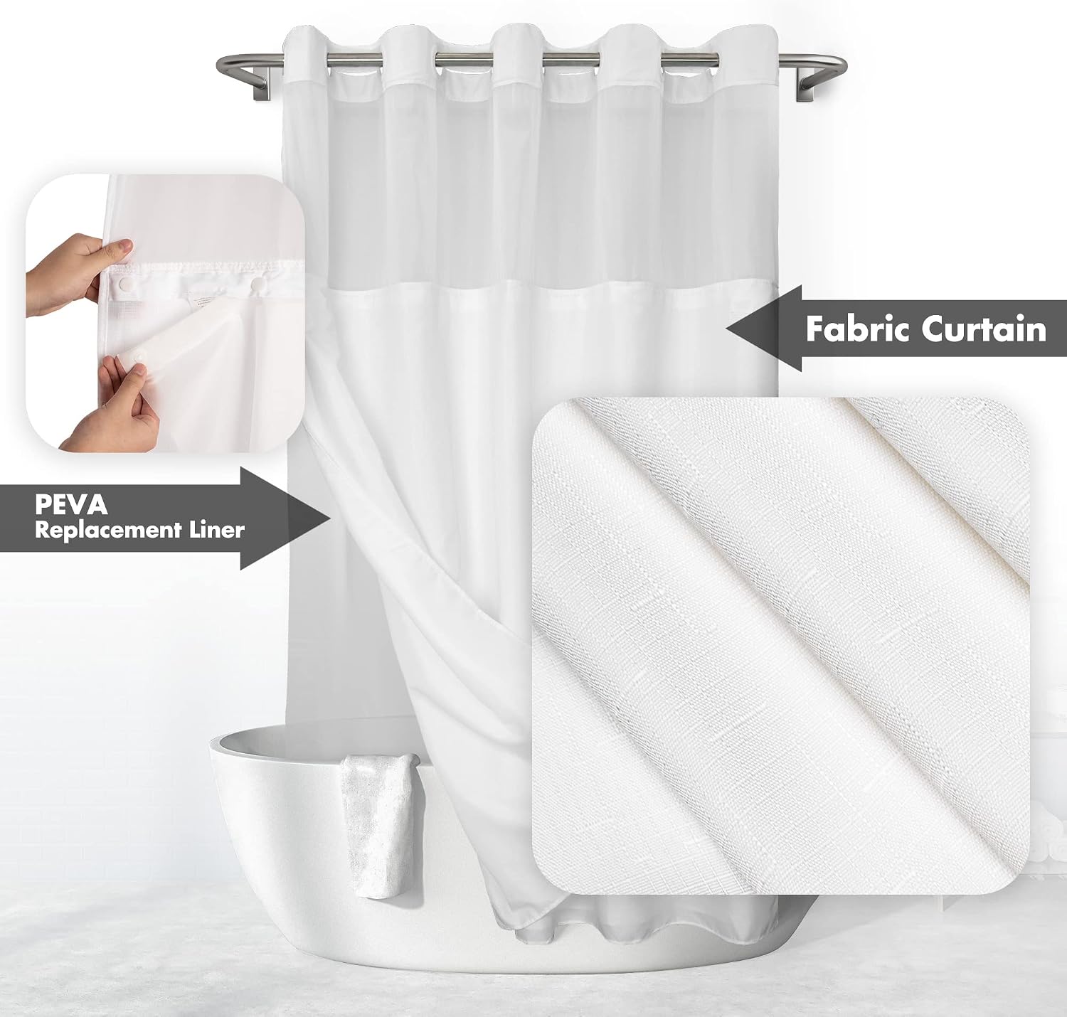 River Dream No Hook Shower Curtain with Snap-in Liner Set, White, 71x74 | Snap on Waterproof PEVA Liner, See Through Top Window, Slub Textured, Hotel Style Shower Curtain Set, Standard Size - Image 2