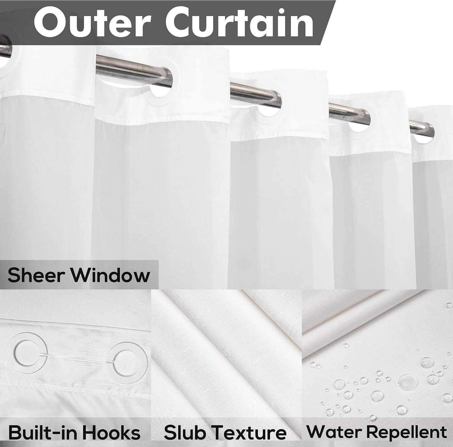 River Dream No Hook Shower Curtain with Snap-in Liner Set, White, 71x74 | Snap on Waterproof PEVA Liner, See Through Top Window, Slub Textured, Hotel Style Shower Curtain Set, Standard Size - Image 3