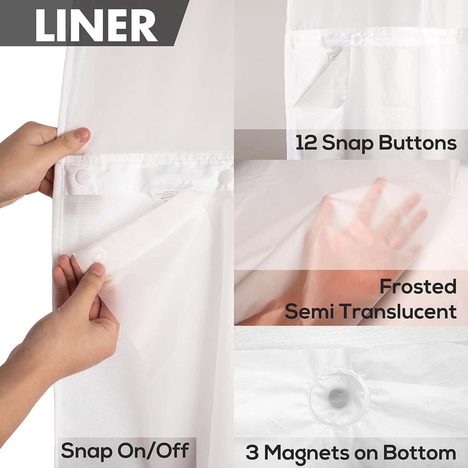 River Dream No Hook Shower Curtain with Snap-in Liner Set, White, 71x74 | Snap on Waterproof PEVA Liner, See Through Top Window, Slub Textured, Hotel Style Shower Curtain Set, Standard Size - Image 5