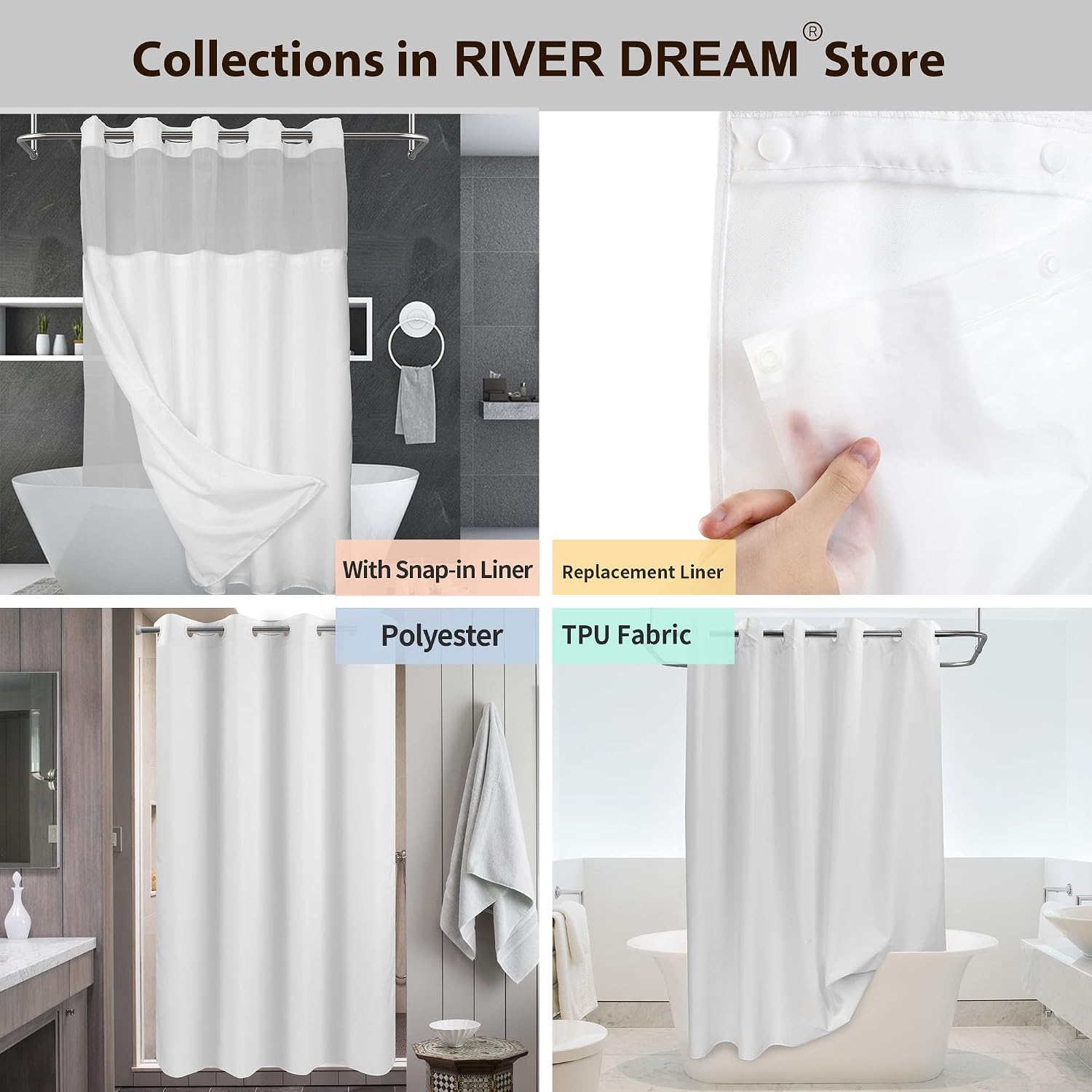 River Dream No Hook Shower Curtain with Snap-in Liner Set, White, 71x74 | Snap on Waterproof PEVA Liner, See Through Top Window, Slub Textured, Hotel Style Shower Curtain Set, Standard Size - Image 7