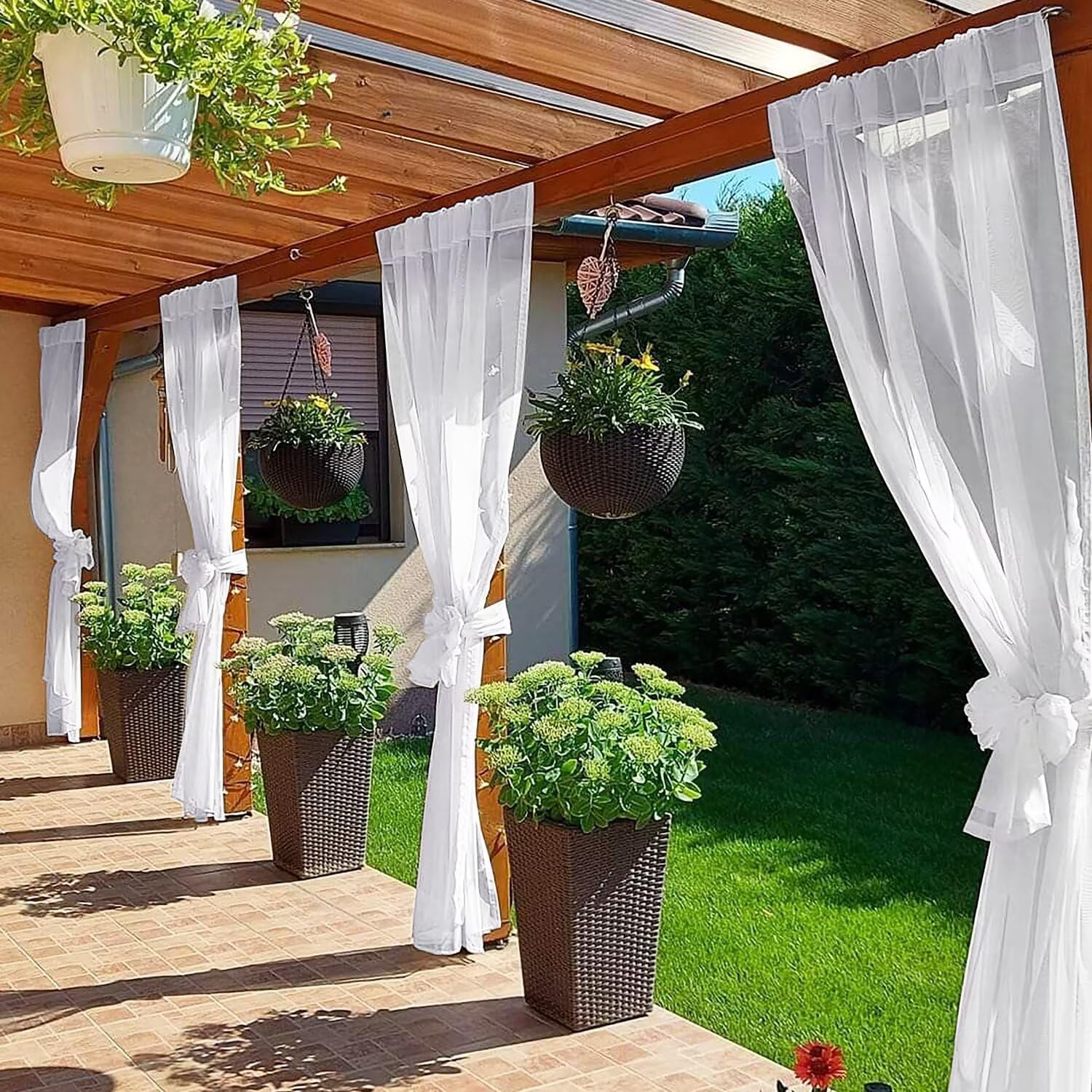 SpaceDresser Waterproof Outdoor Sheer Curtains for Patio - 2 Panels Rod Pocket Indoor Voile Sheer Curtain for Living Room,52W x 84L inch, White - Image 3