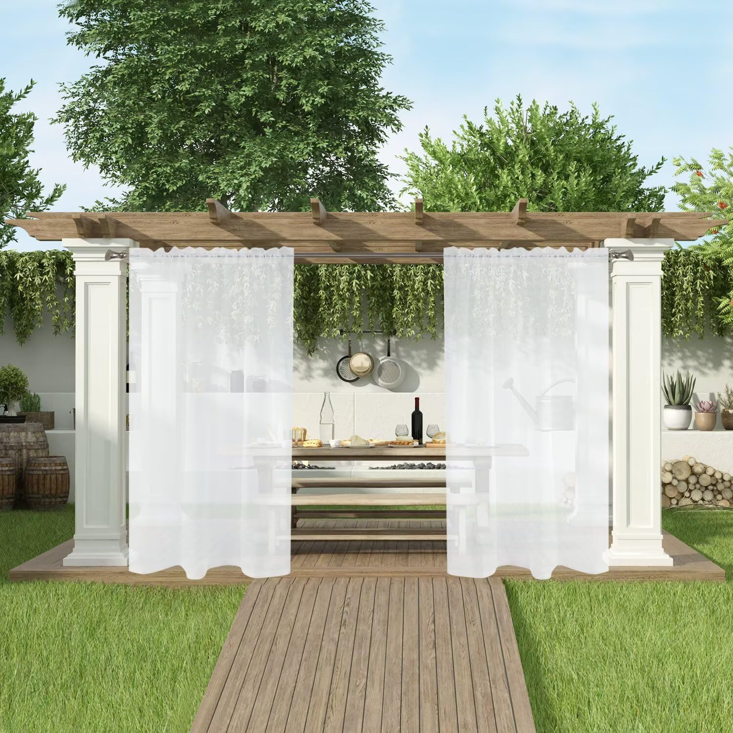 SpaceDresser Waterproof Outdoor Sheer Curtains for Patio - 2 Panels Rod Pocket Indoor Voile Sheer Curtain for Living Room,52W x 84L inch, White - Image 4